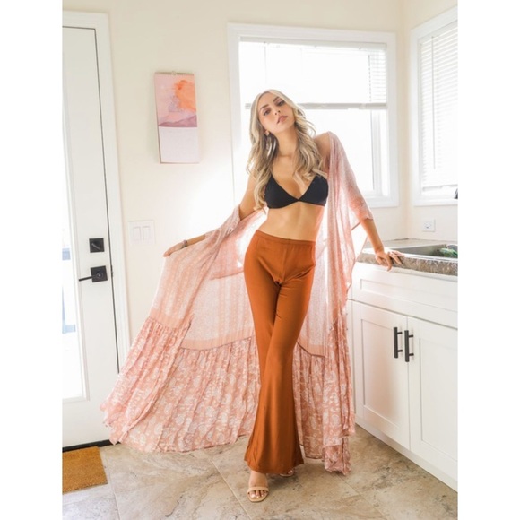 LONG BLUSH BOHO OPEN FRONT CARDIGAN DUSTER KIMONO WRAP - Picture 2 of 6